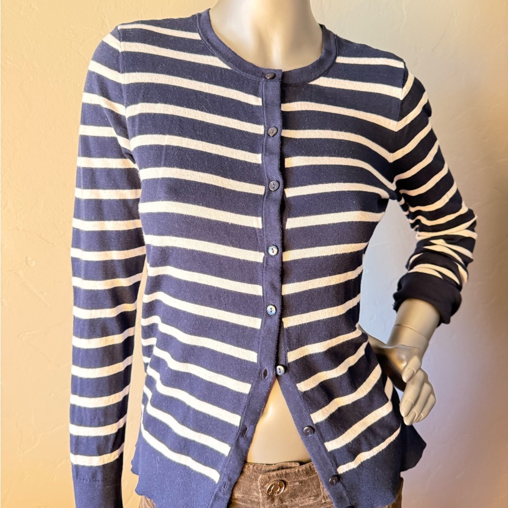 LOFT Navy & Cream Striped Lightweight Cotton Knit Country side Preppy Cardigan‎